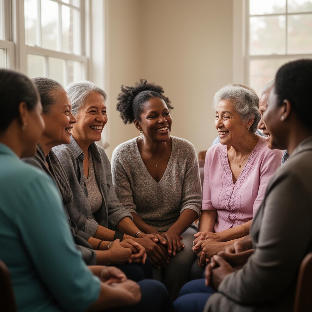 A diverse circle of caregivers seated together in a sunlit community room, holding coffee mugs and listening to one another.