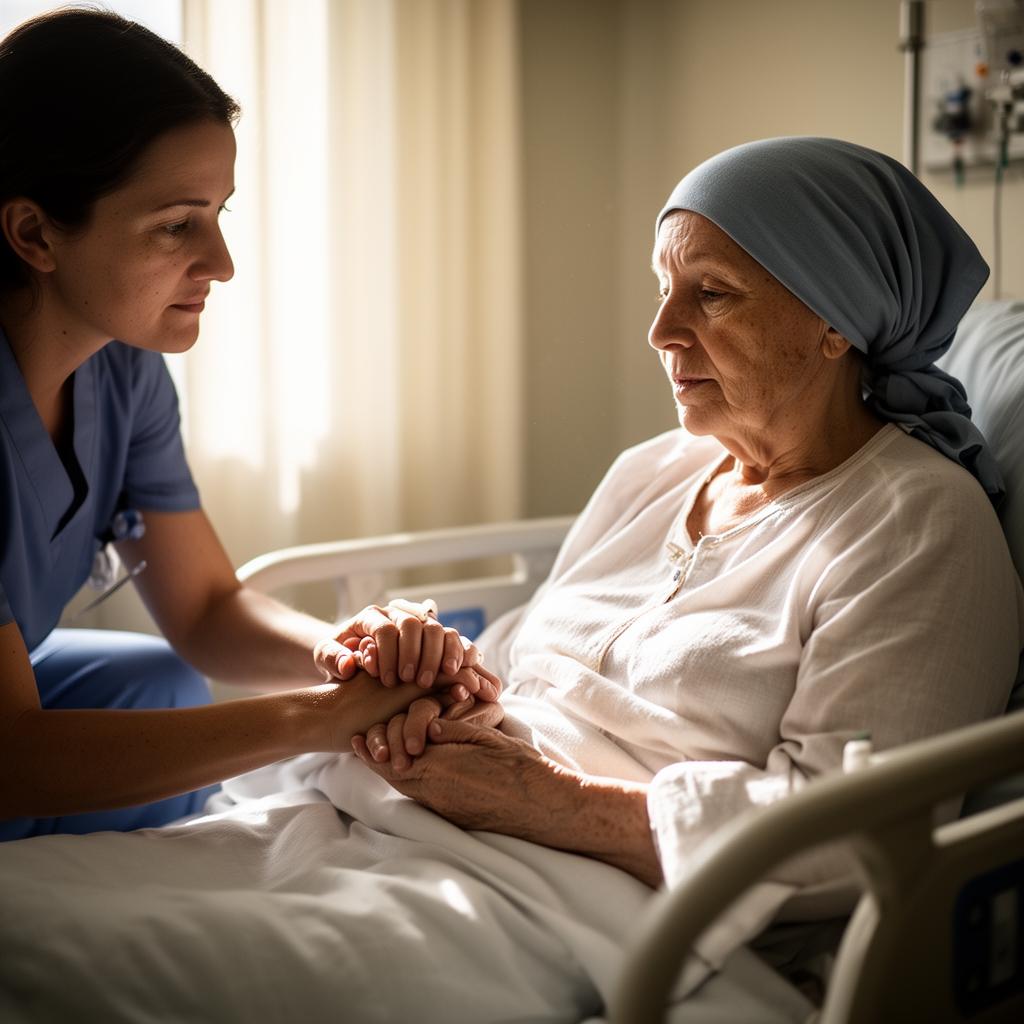 A caregiver reading to her mother during a chemotherapy infusion, a knit blanket across her mother's lap.