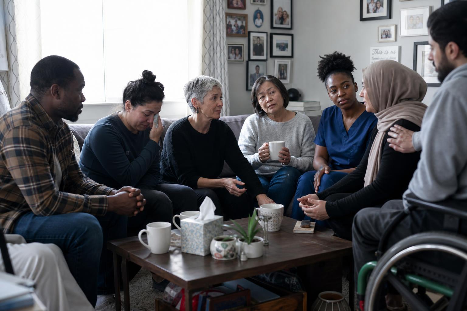 A diverse circle of women caregivers — Black, Latina, Asian, white, and a Muslim woman in hijab, with a member in a wheelchair — supporting one another.