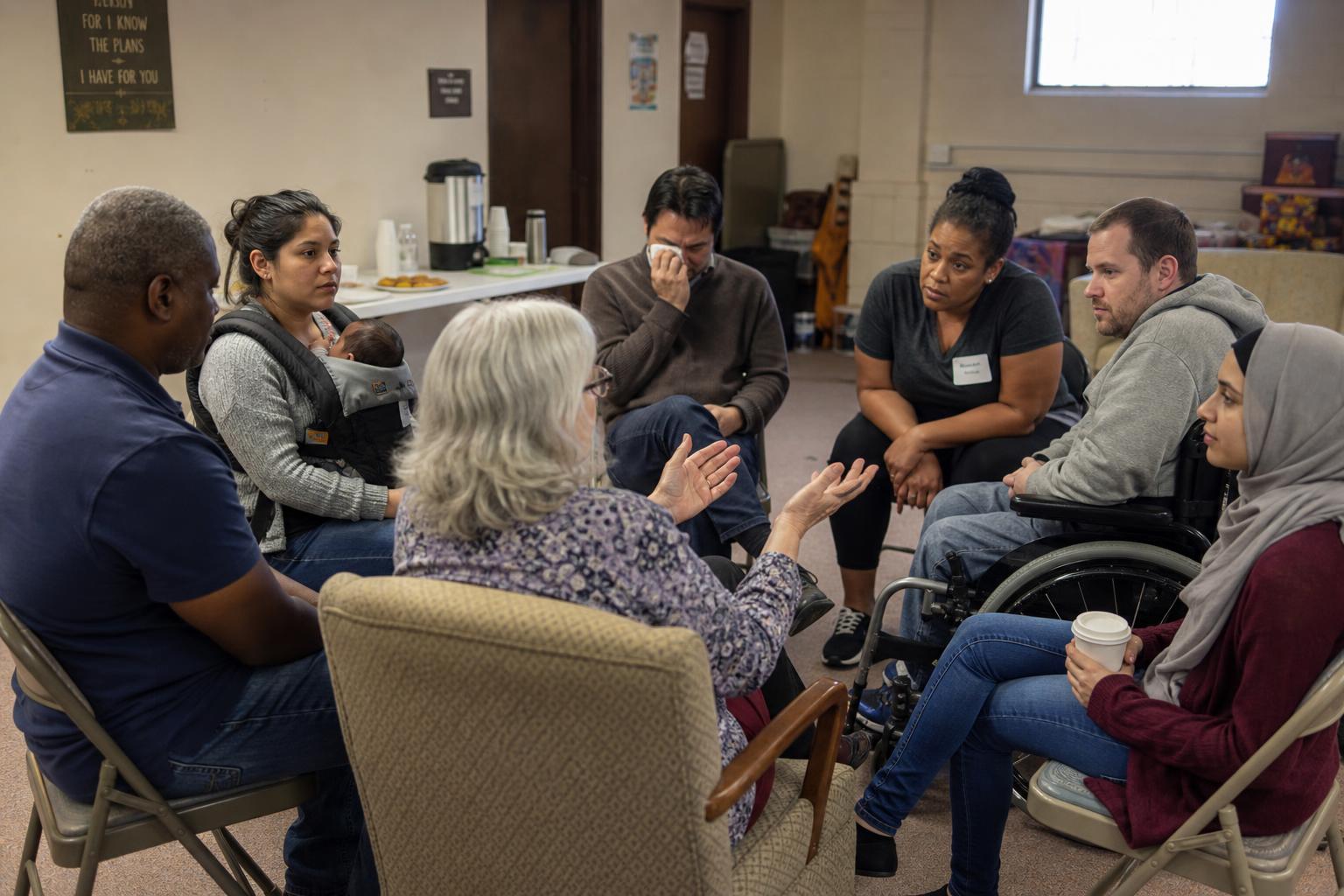 A multiracial, multigenerational caregiver support circle — including a member in a wheelchair — sharing coffee in a sunlit room.