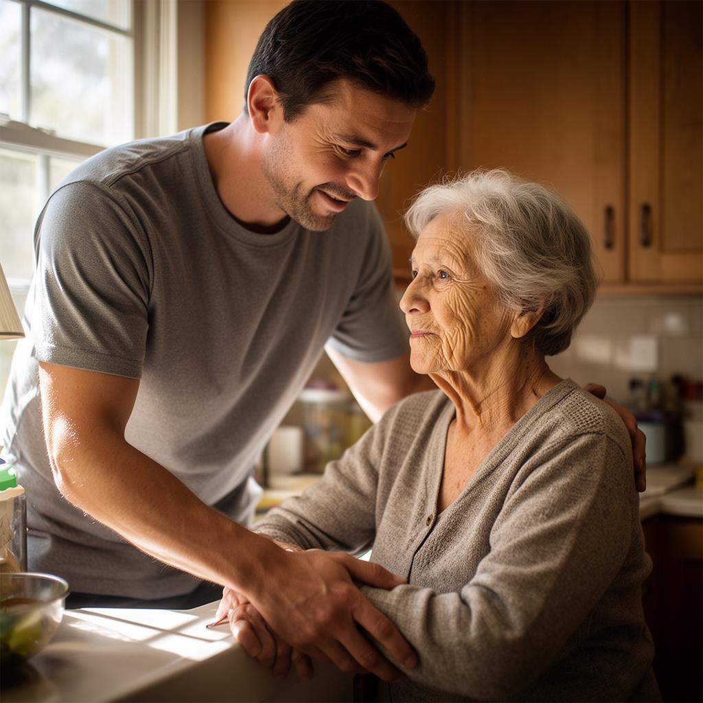 An adult son helping his elderly father sort through a stack of old family photographs at a sunlit kitchen table.