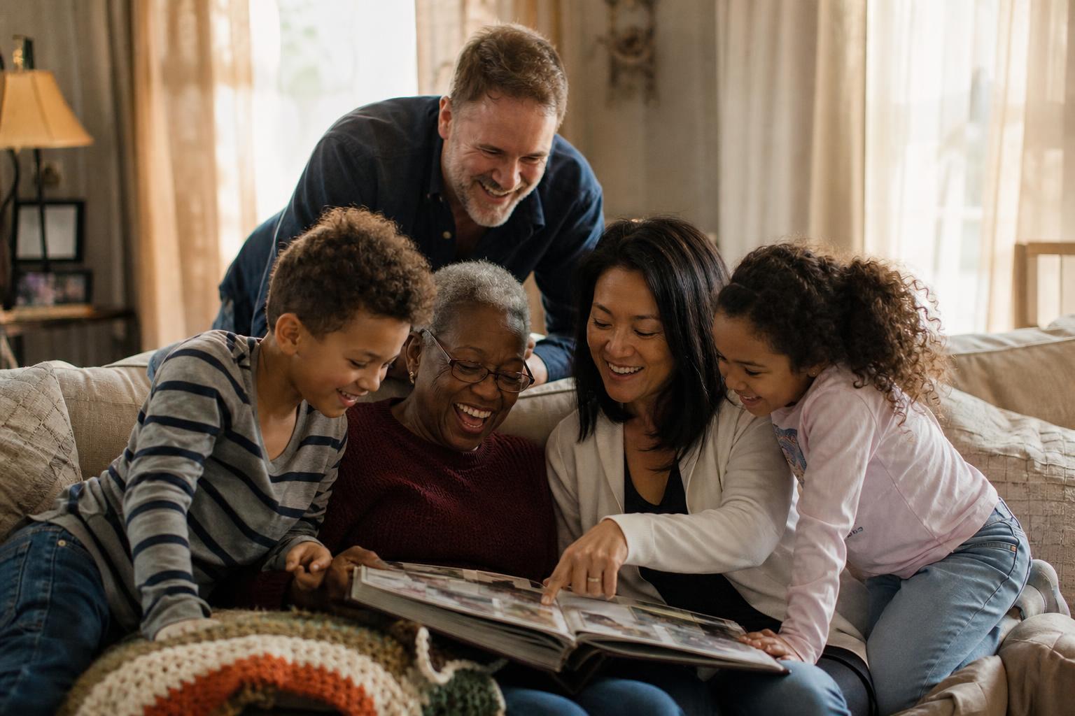 A mixed-race multigenerational family — Black grandmother, Asian mother, white father, and biracial children — sharing a photo album.