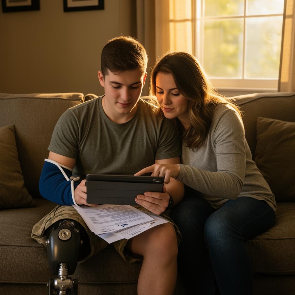 A young injured veteran and his wife sitting close on the couch, reviewing VA benefits paperwork on a tablet together.
