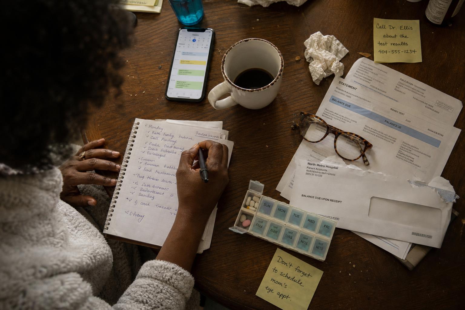 Overhead view of a Black woman's hands writing in a daily planner beside a pill organizer, phone, and coffee.