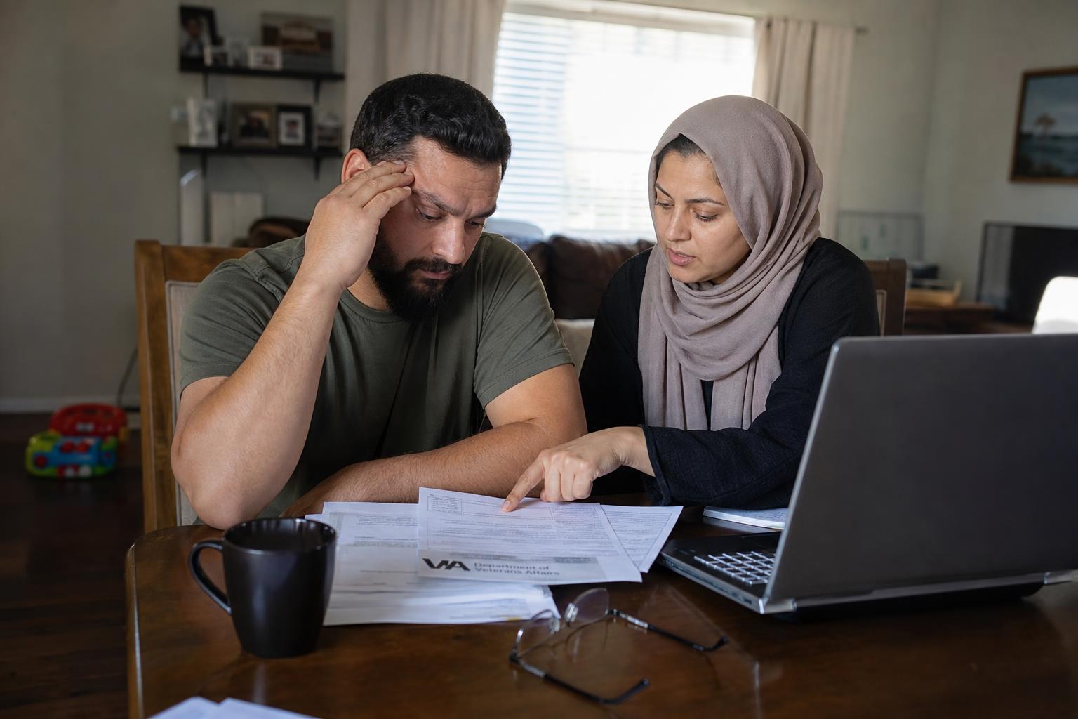 A Middle Eastern veteran and his wife planning together over legal documents and a laptop at the dining table.