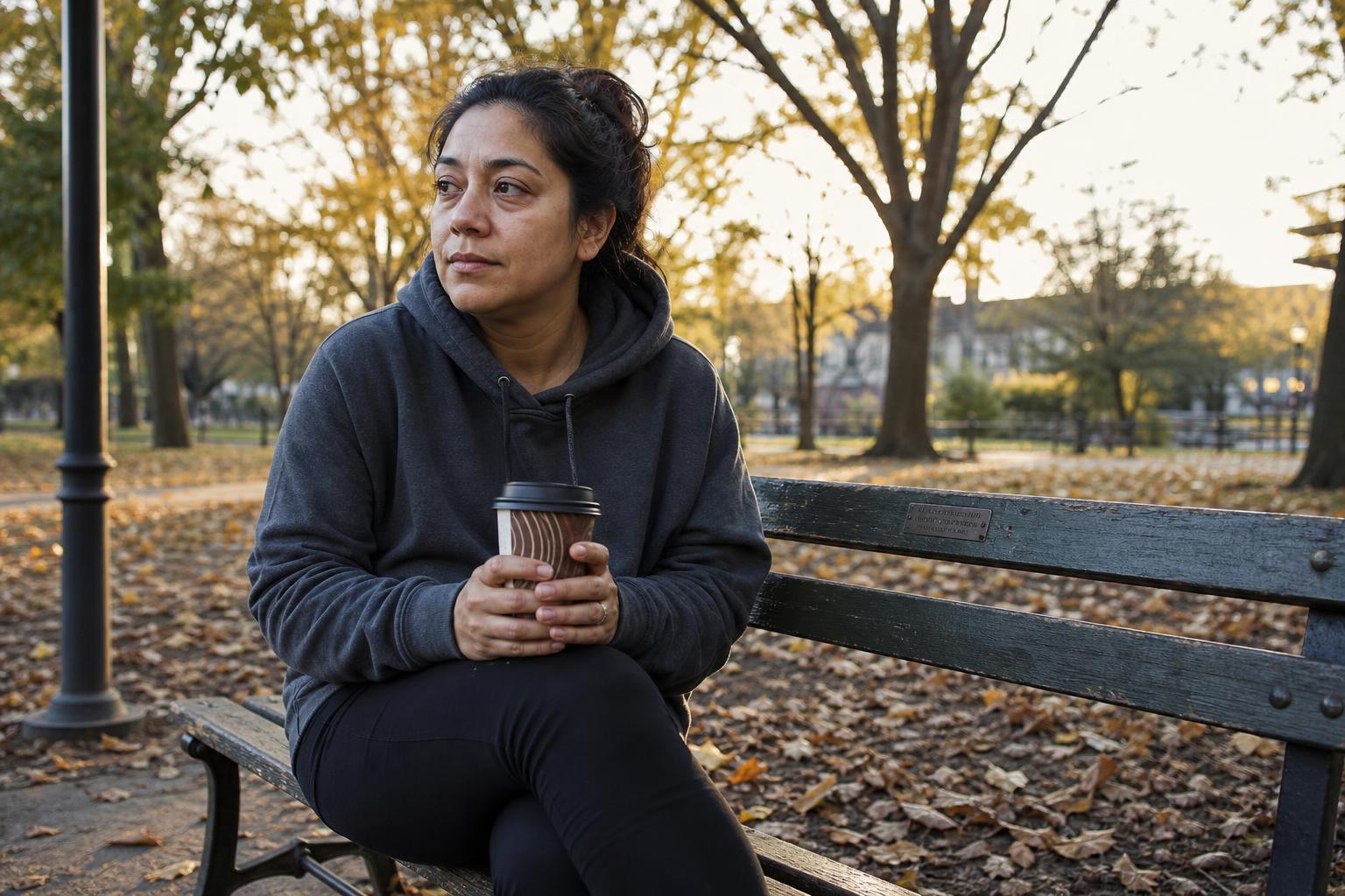 A Latina caregiver pausing on a sunlit park bench with a coffee, eyes closed in a quiet restorative moment.