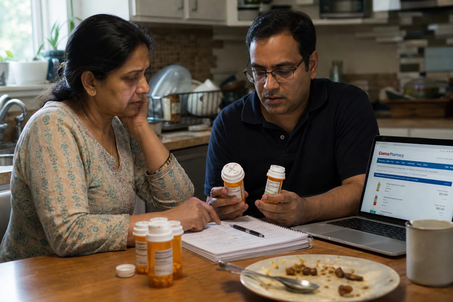 A South Asian woman and her adult brother reviewing medications and a laptop together at the kitchen table.