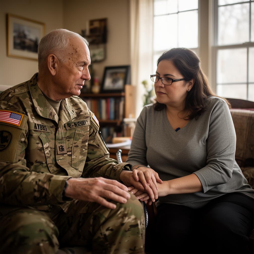 A veteran and his spouse sitting close together on a worn living room sofa, family military photos on the wall behind them.